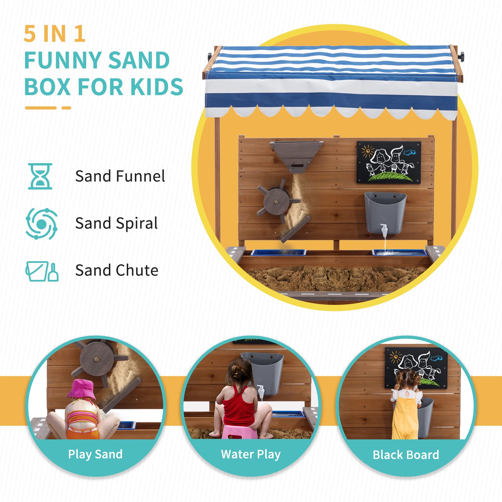 Wooden Sandbox with Roof and Canopy