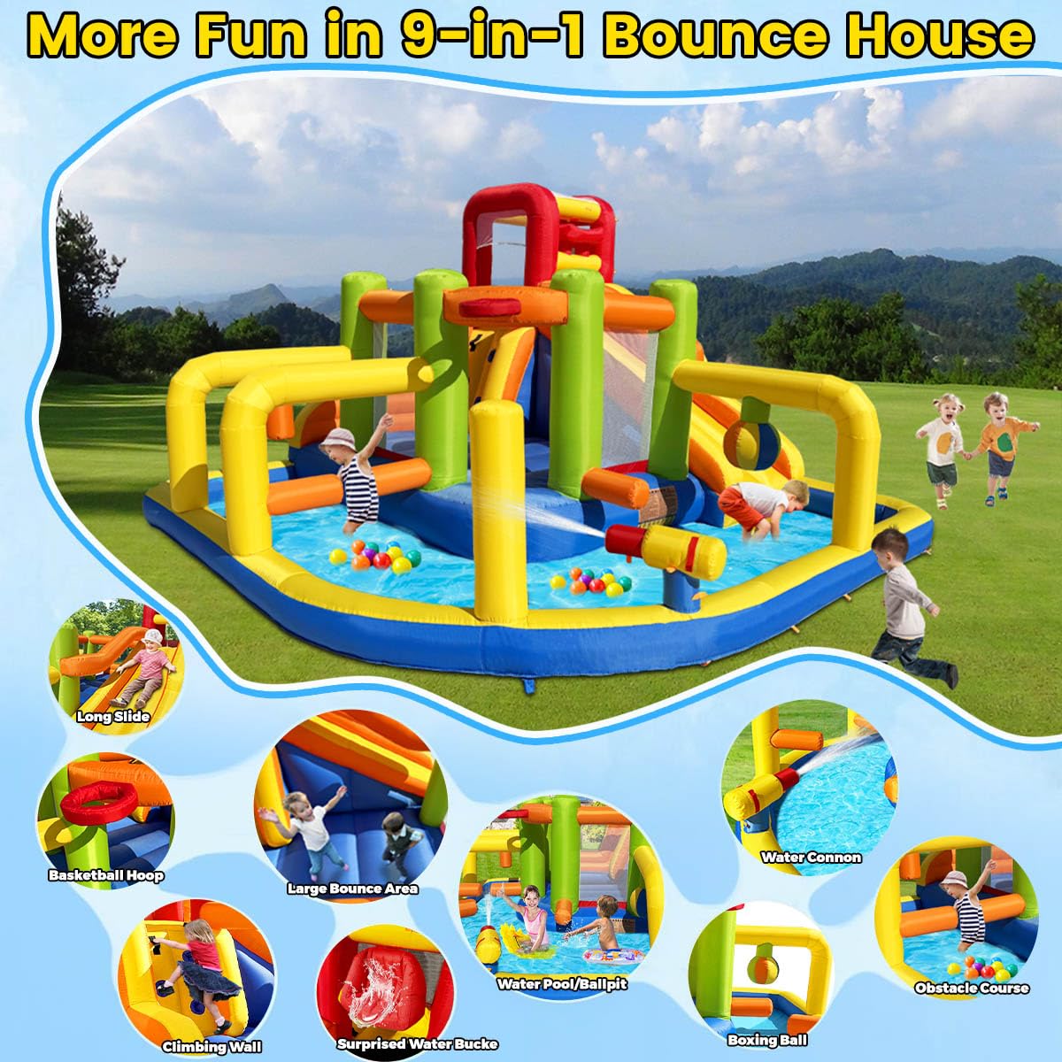 Inflatable Obstacle Bounce House Water Park with Slides and Climbing Wall