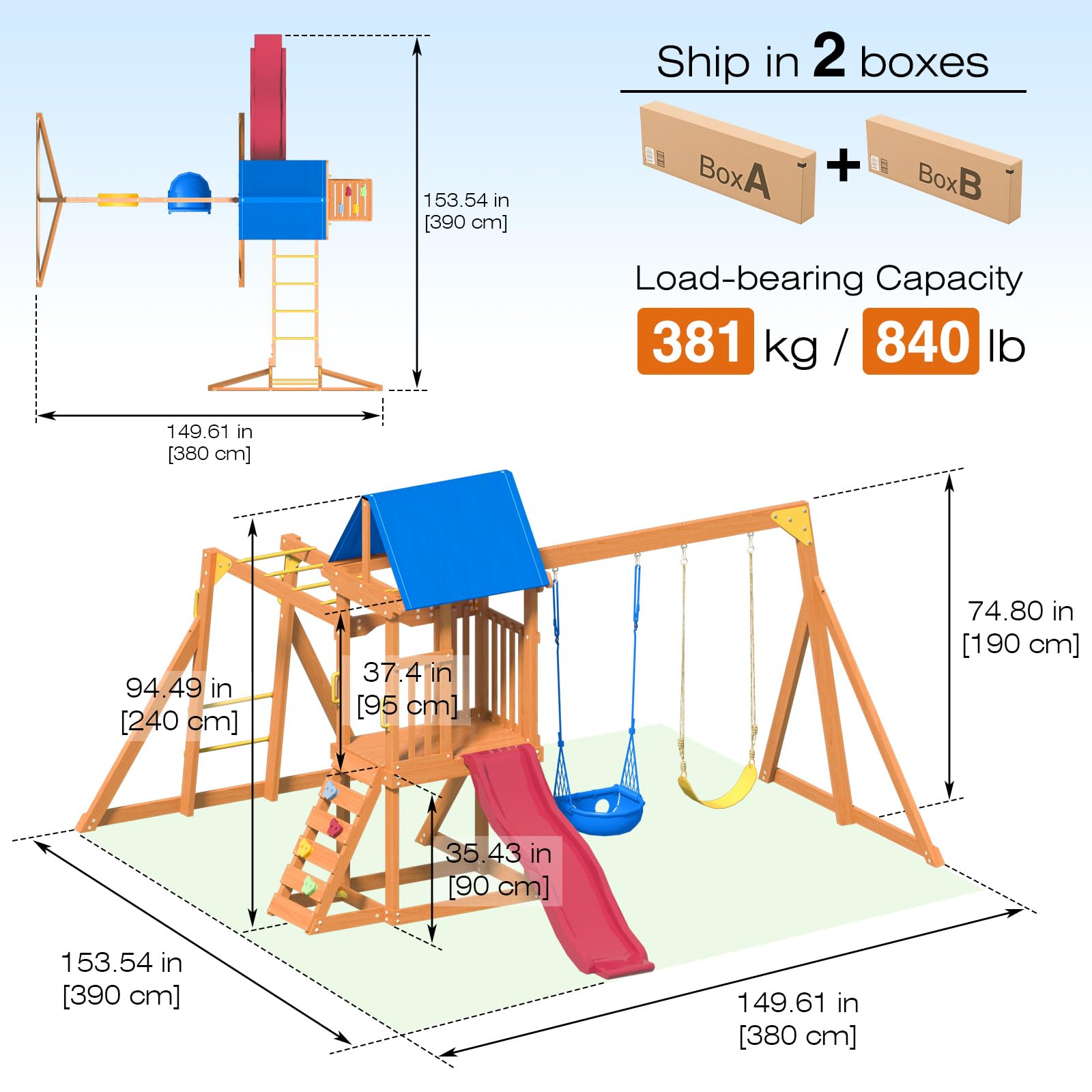 Wooden Playground Set with Monkey Bars and Swings for Kids Ages 3-6