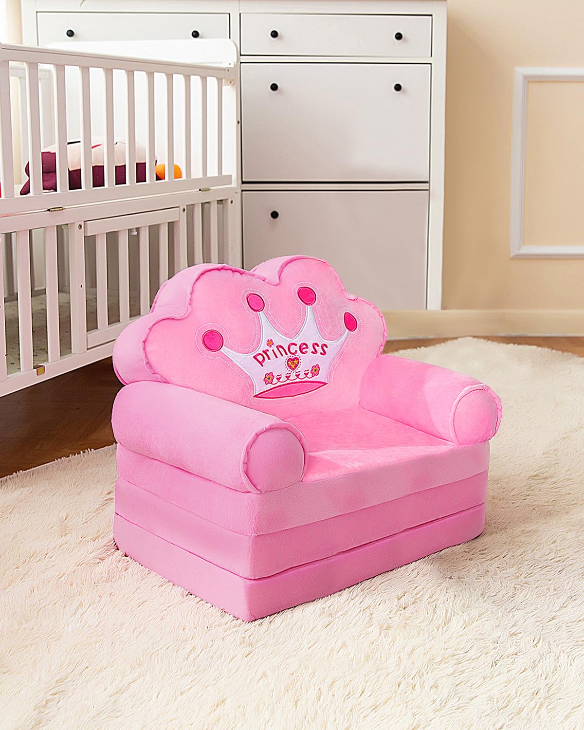 Kids Couch Fold Out, Foldable Princess Chair for Toddlers 1-3