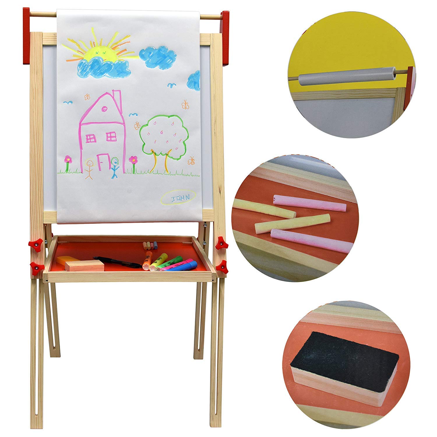Number 1 in Gadgets Deluxe Standing Art Easel, Dry-Erase Board Chalkboard Magnetic Whiteboard Paper Roll and Accessories, Ultimate All-in-One Wooden Kid's Art Easel