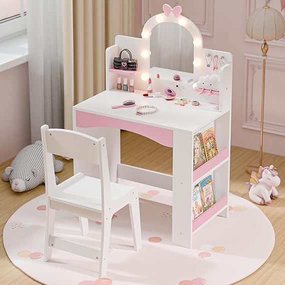 Kids Vanity with Lights, Princess Makeup Vanity Table and Chair Set for Girls