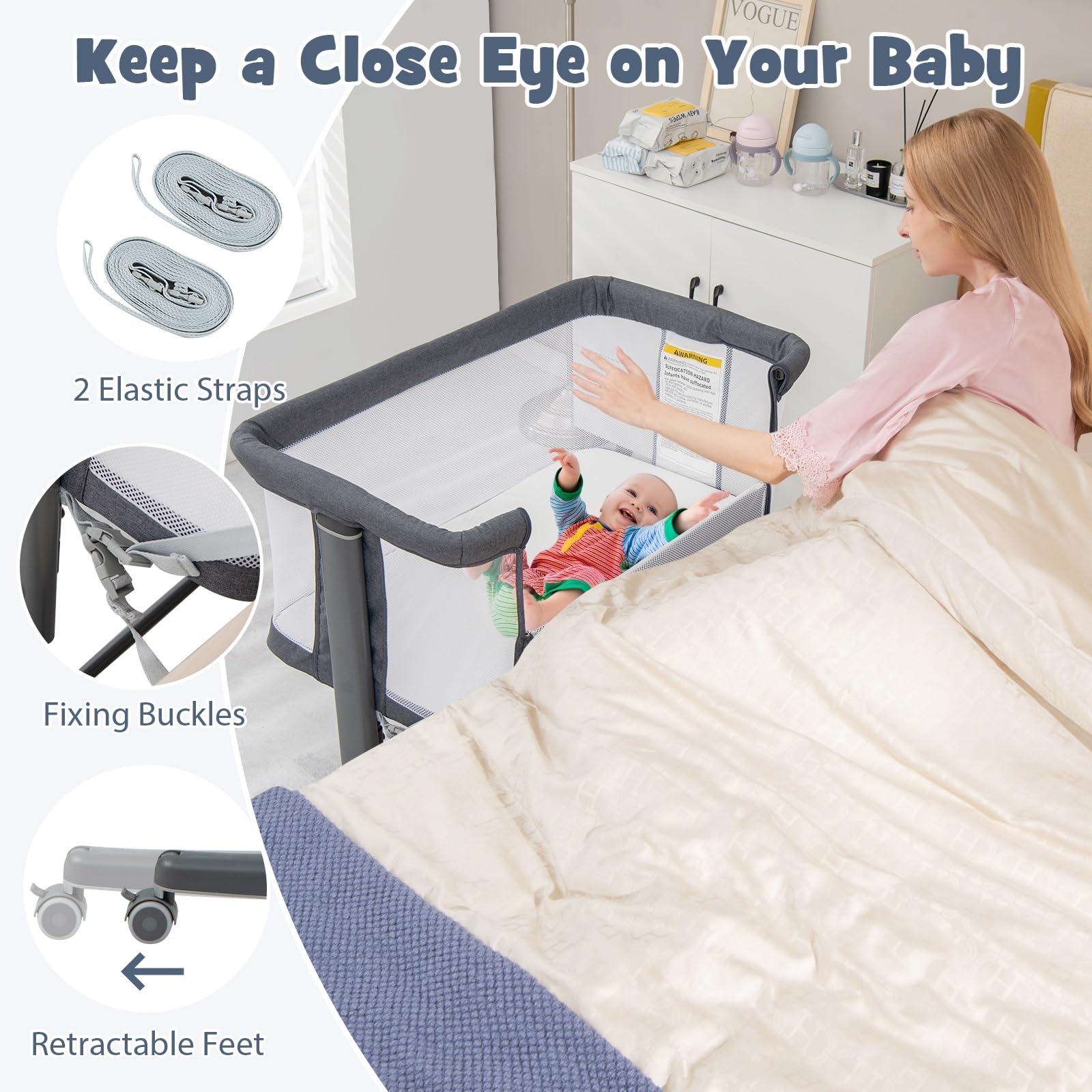 3-in-1 Baby Bassinet Bedside Sleeper with Wheels