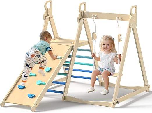 4 in 1 Indoor Jungle Gym, Foldable Wooden Climbing Set with Swing