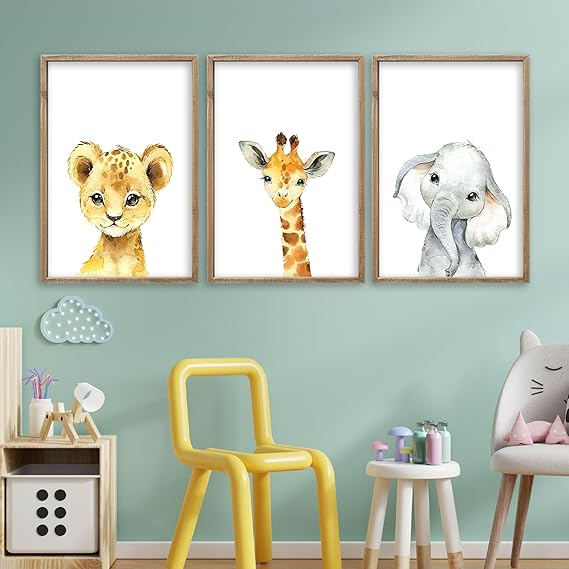 Nursery Wall Art Decor 11x16 Inch Set of 3 Wood Framed Cute Animal