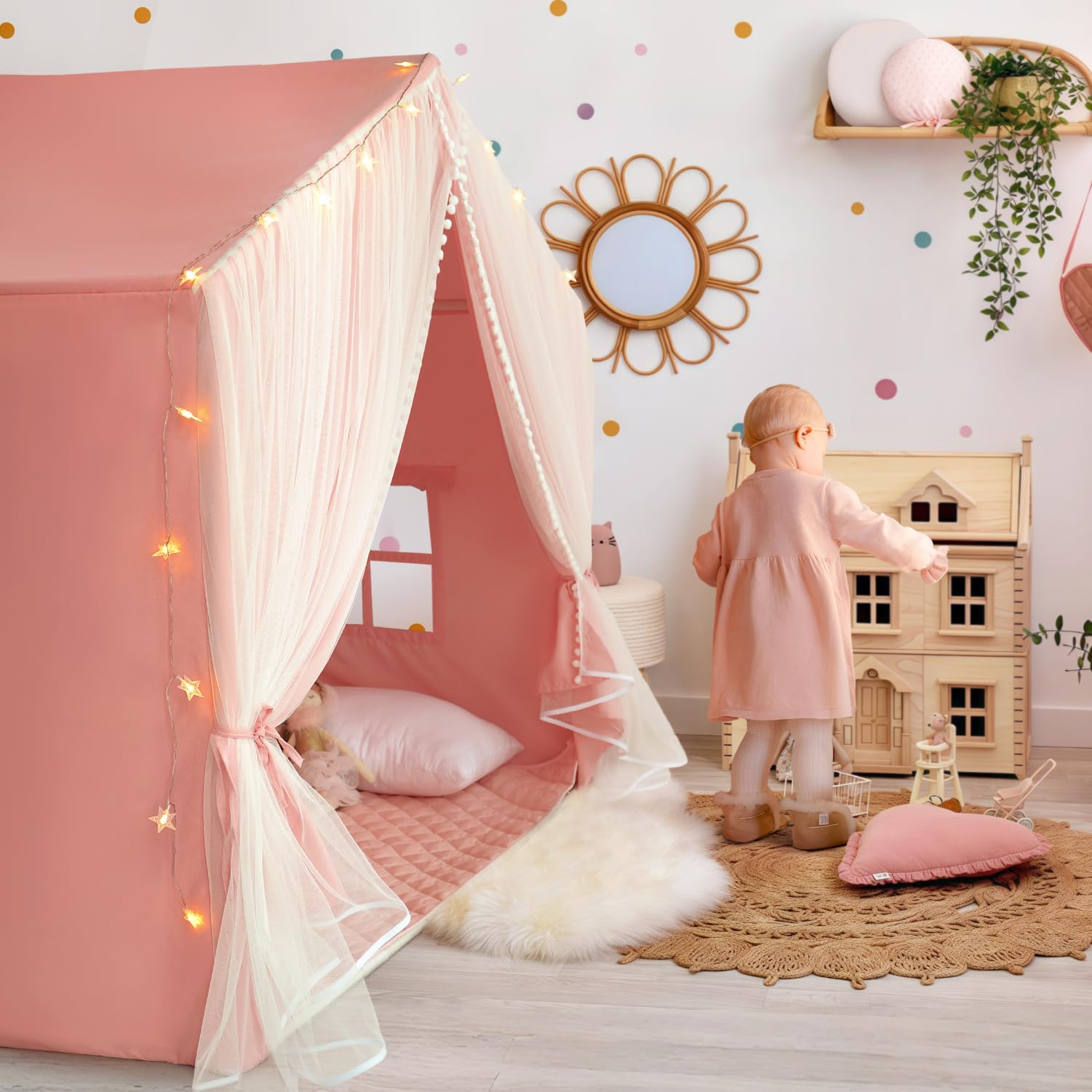 Princess Play Tent with Mat and Dual-Layer Curtain - Pink