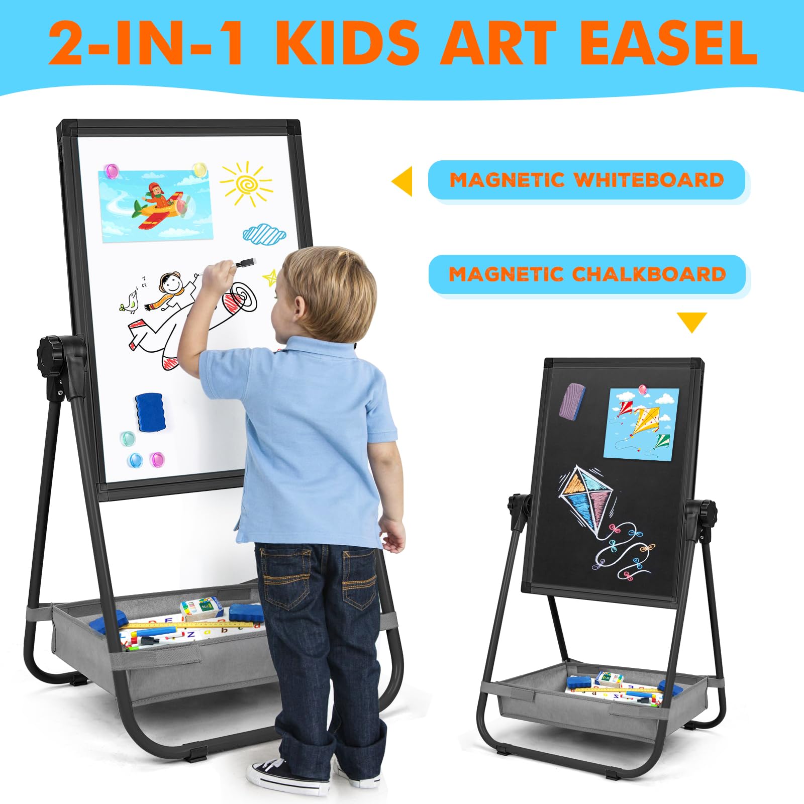 WEYOUNG Kids Easel for Toddlers, Adjustable Standingg Metal Toddler Whiteboard & Chalkboard, Magnetic Art Easel for Kids Age 2-4 4-8 9-12, Black