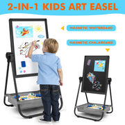 WEYOUNG Kids Easel for Toddlers, Adjustable Standingg Metal Toddler Whiteboard & Chalkboard, Magnetic Art Easel for Kids Age 2-4 4-8 9-12, Black