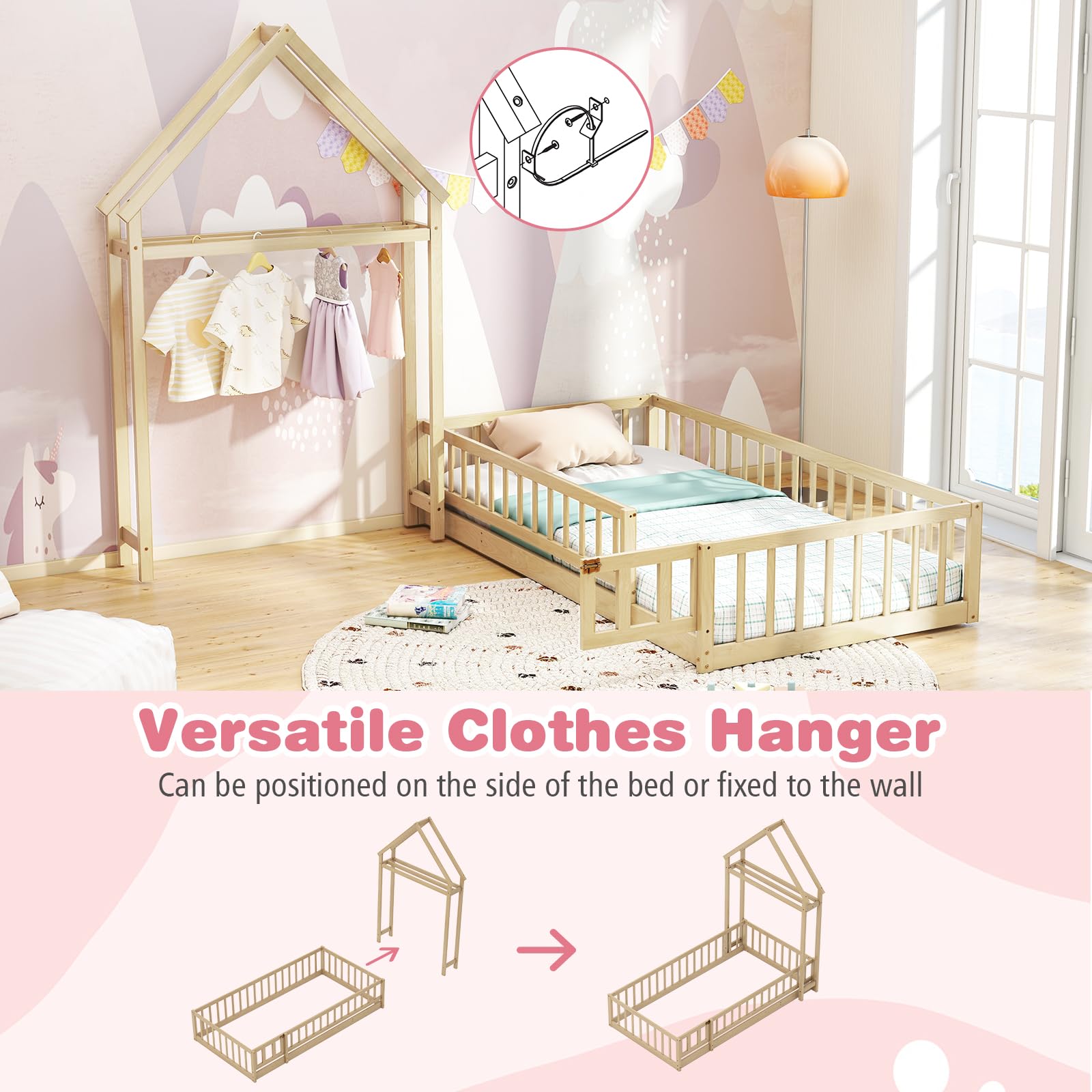 Twin House Floor Bed with Safety Rails and Clothes Hanger