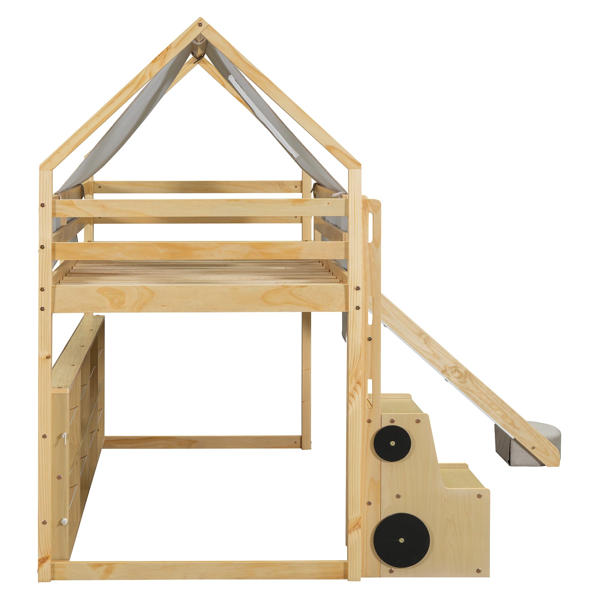 Twin Size Loft Bed with Slide, Wooden Twin House-Shaped Frame with Ladder