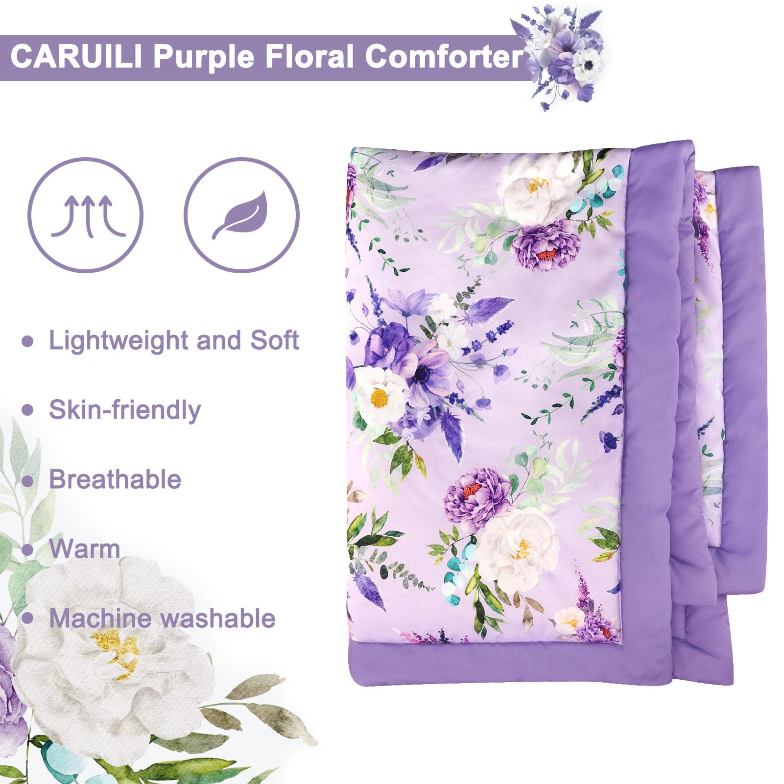 CARUILI Crib Bedding Set for Girls, Purple Baby Crib Bedding Set 4 Piece, Baby Girl Nursery Bedding Set Including Comforter, Fitted Crib Sheet, Crib Skirt, Diaper Stacker, Floral