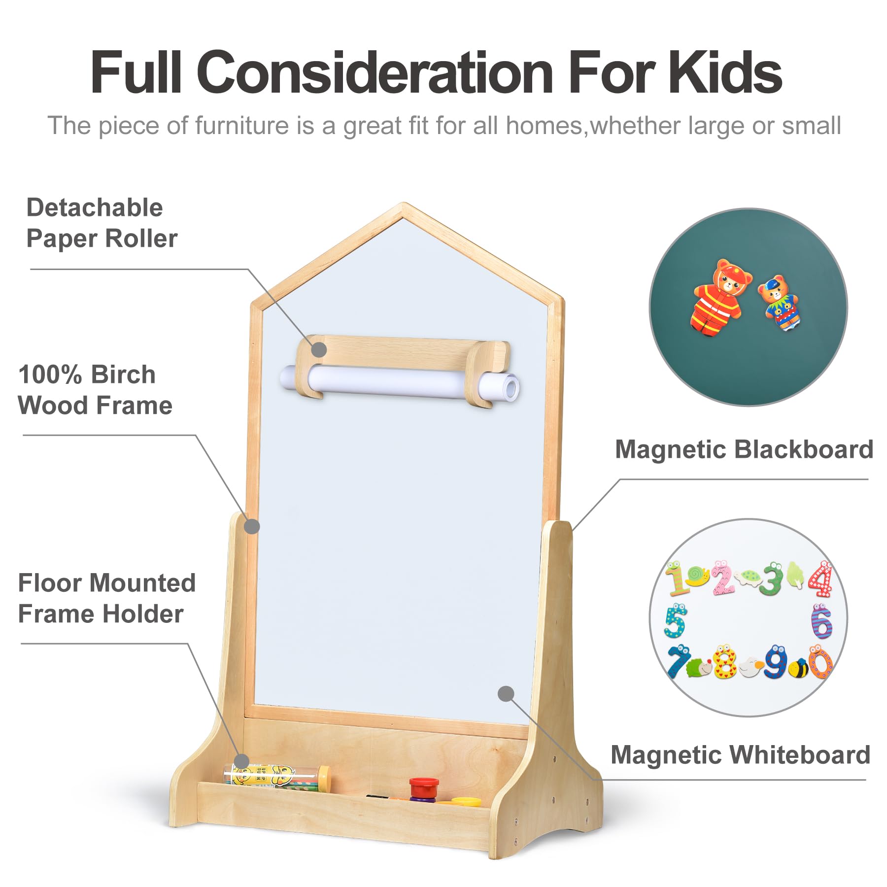 House Design Double-Sided Magnetic Drawing Board w/Detachable Roller and Bi-Storage Frame Holder for Kids, Extra Large Art Easel for Toddlers Boys and Girls Gift (Wall Mountable)