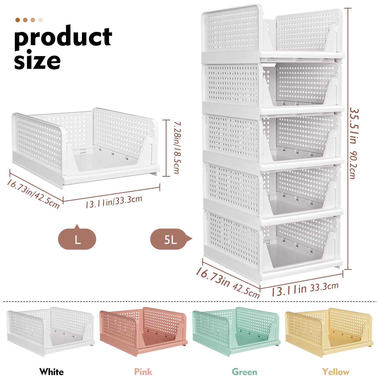 Stackable Closet Storage Basket - 5 Pack Foldable Organizer Bins