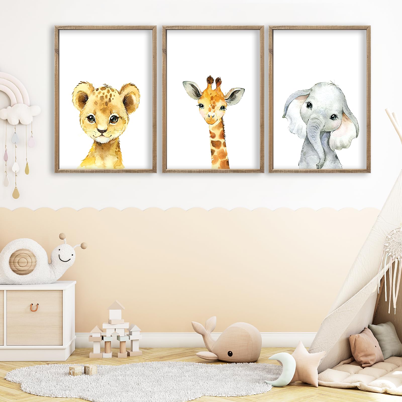 Nursery Wall Art Decor 11x16 Inch Set of 3 Wood Framed Cute Animal