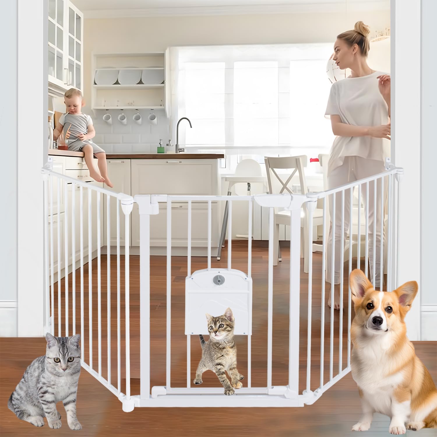 81.11" Extra Wide Baby Gate with Cat Door, Auto Close Pet Gates Dog Gate
