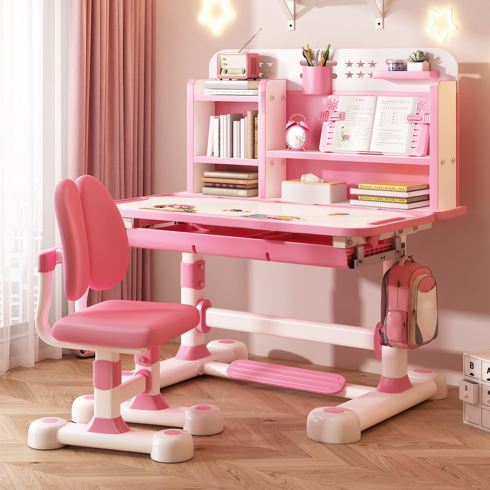 Height Adjustable Kids Desk and Chair Set with Storage