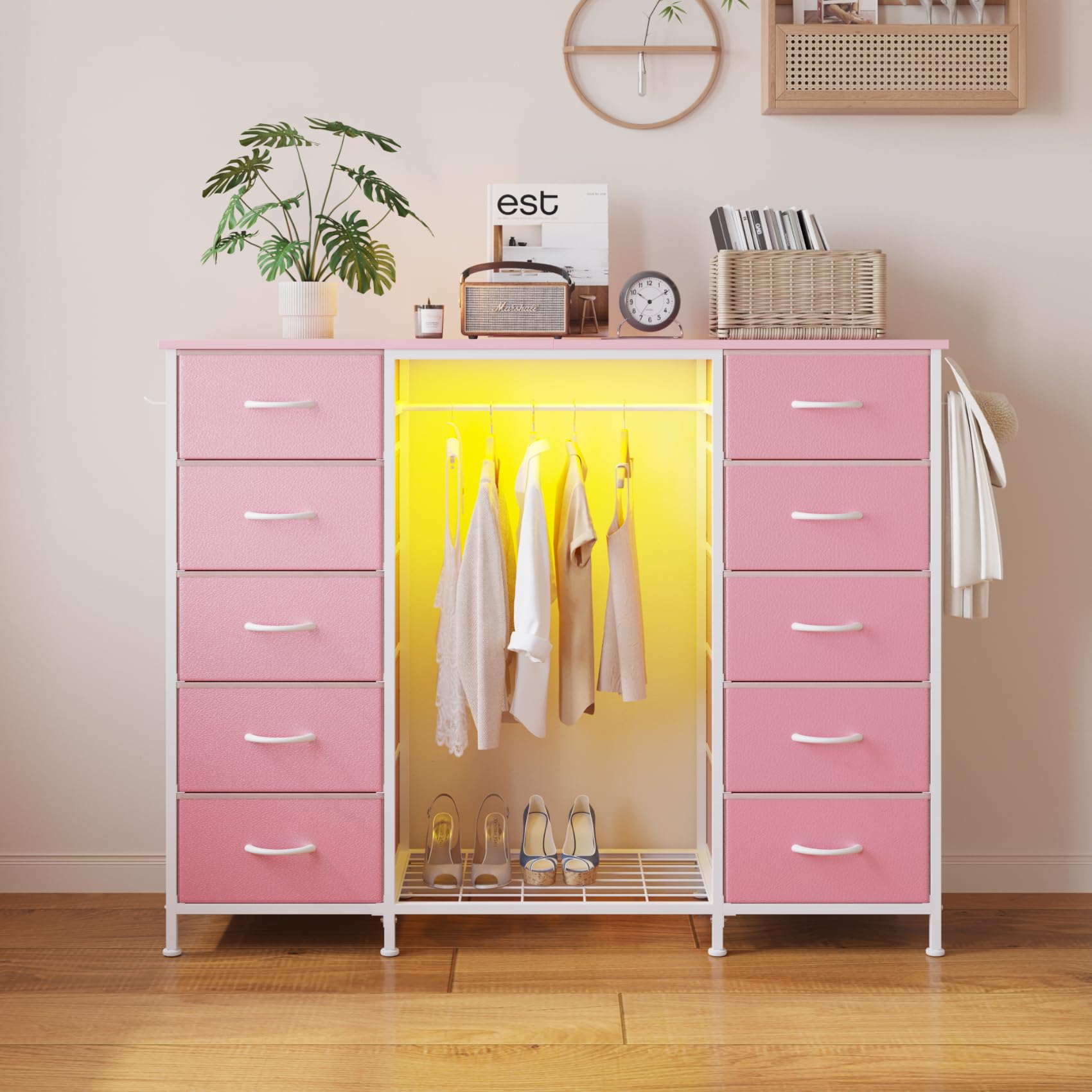 10 Drawer Dresser with Hanging Rack and LED Lights