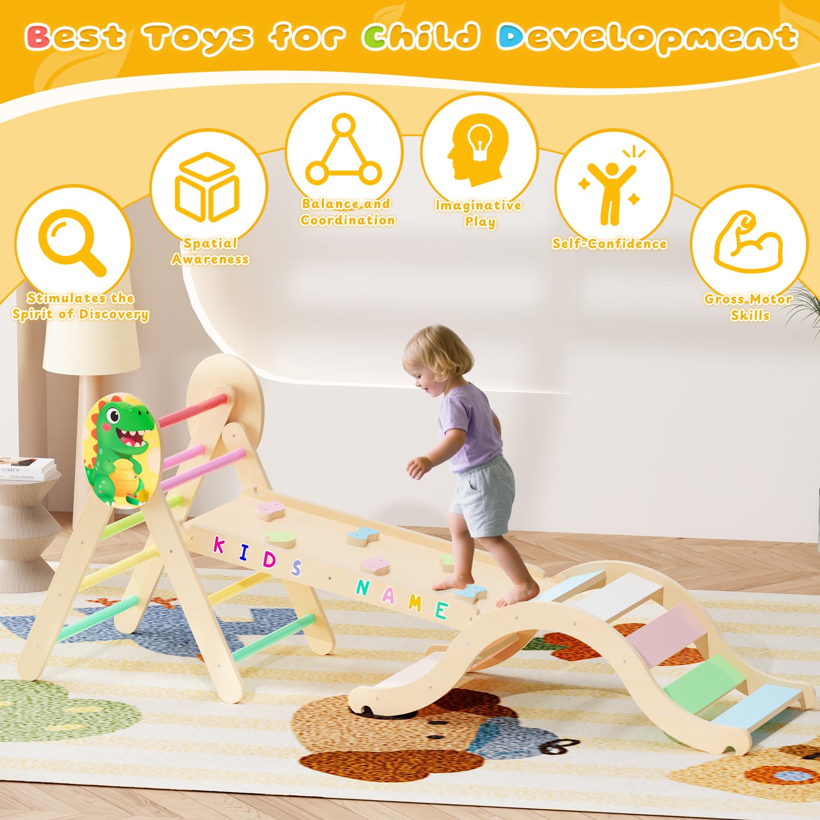 Dinosaur Pikler Triangle Climbing Set with Arch Ramp and Cushion