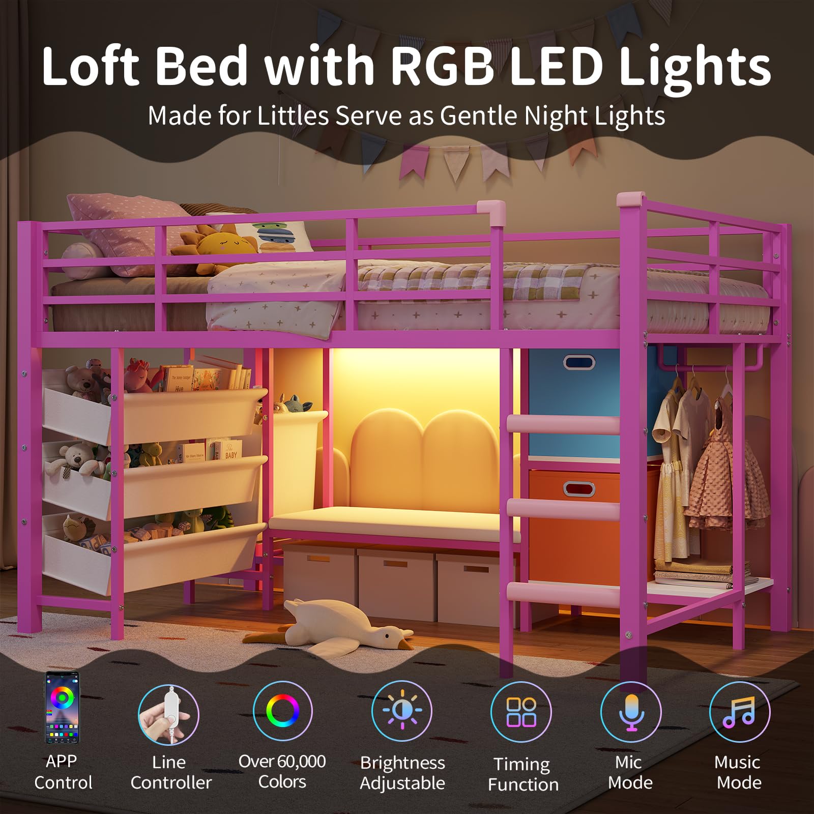 Low Twin Loft Bed with Reading Corner LED Lights Storage Pink