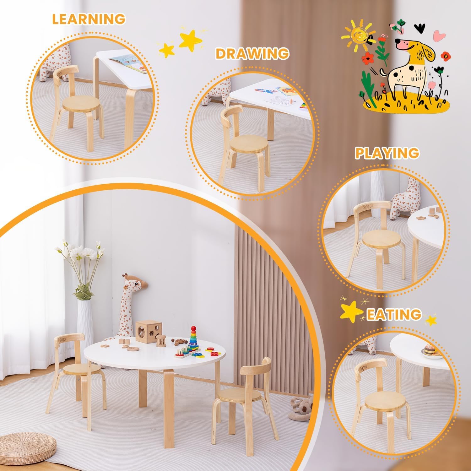 Wooden Kids Chair Set of 4 for Toddlers
