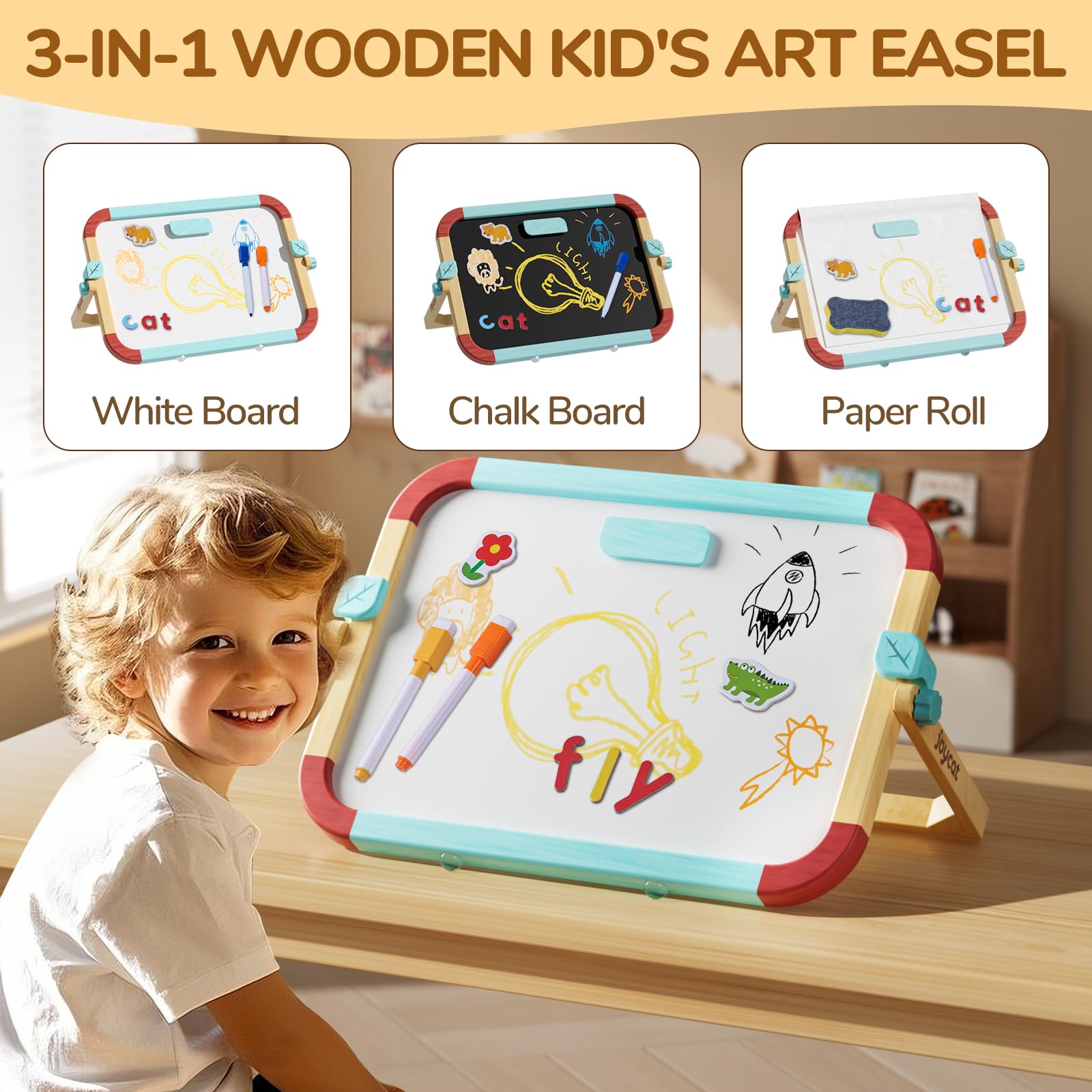 Joycat Wooden Double-Sided Magnetic Tabletop Easel For Kids, No Assembly Needed, 360° Smooth Adjustable Tilt & Anti-Slip Base,3-in-1 Kids Art Easel & station with 65 Accessories,Ideal Gift for Ages 3+