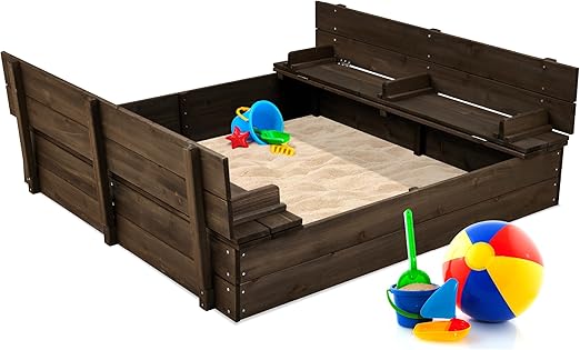 Kids' Outdoor Wooden Sandbox Large, Cedar Wood with Foldable Bench