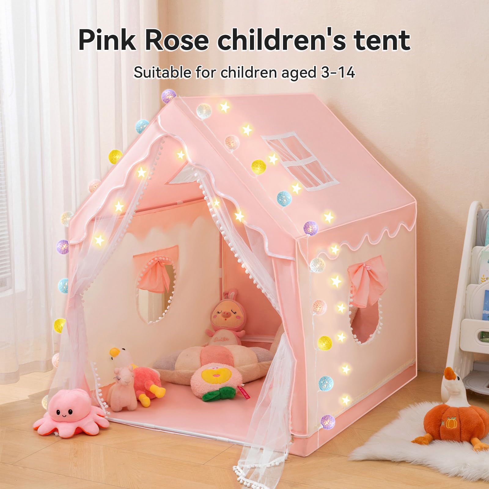 Princess Play Tent for Kids with Ball Lights- Pink Fantasy Castle Playhouse Indoor & Outdoor, Easy Setup & Foldable, Durable Toddler Toy Gift for Girls Ages 3-8 47x 51x 39 inches