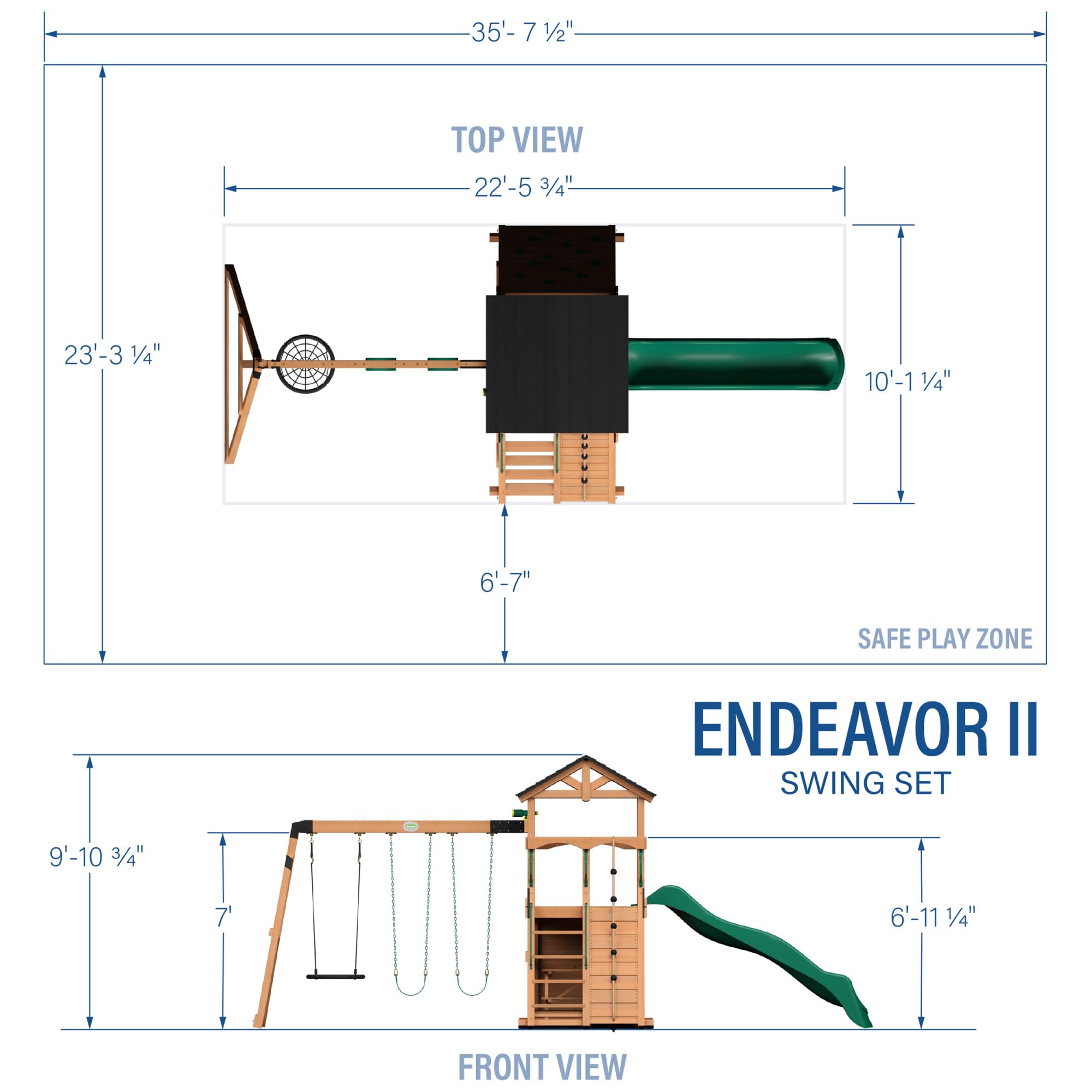 Cedar Wood Swing Set with Wave Slide and Rock Wall