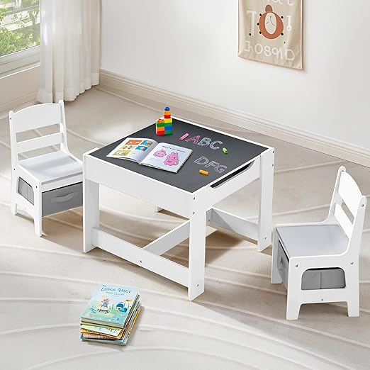 Kids Table and Chairs Set, 4 in 1 Wooden Kids Table with Reversible Tabletop