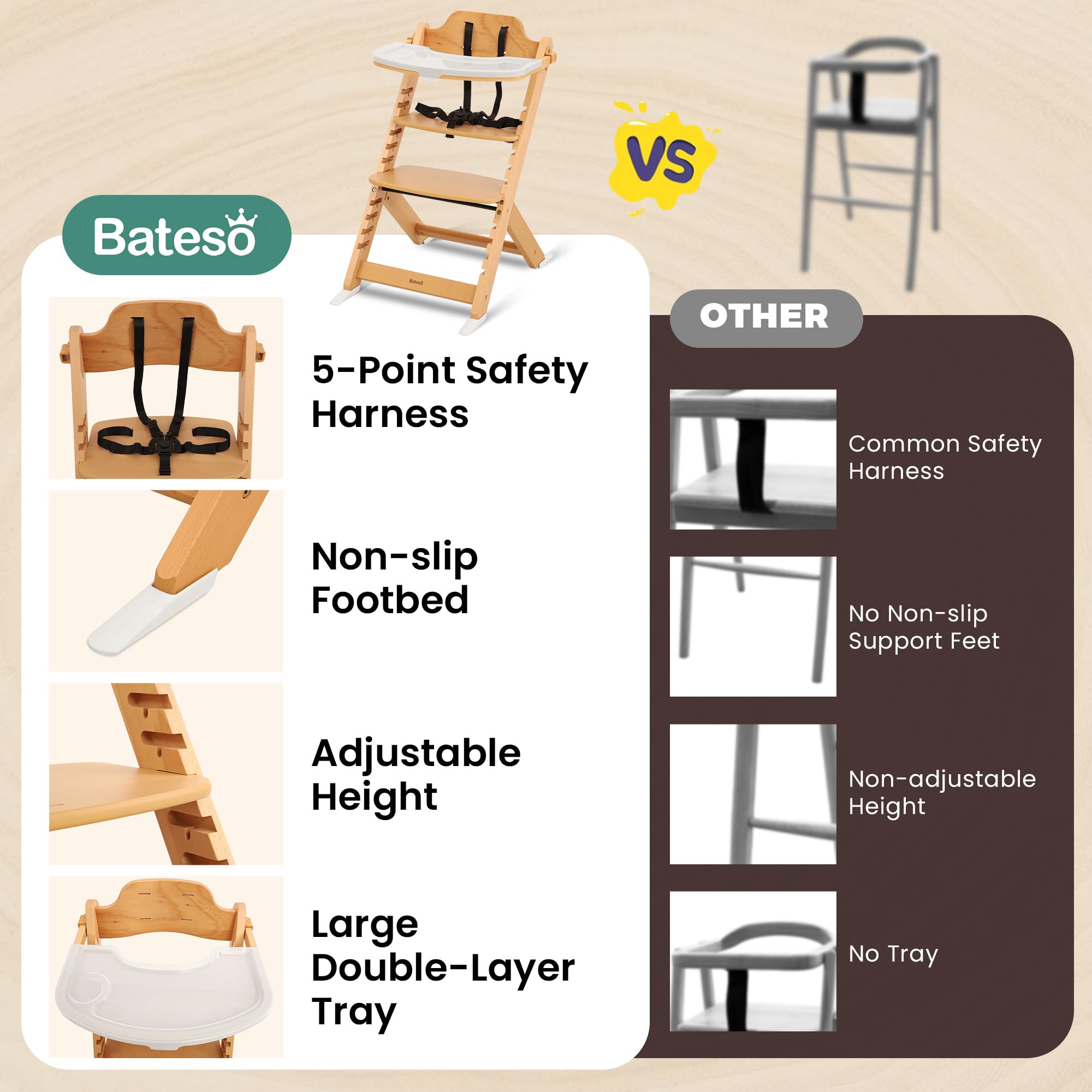 Adjustable Wooden High Chair with Removable Tray and Safety Harness