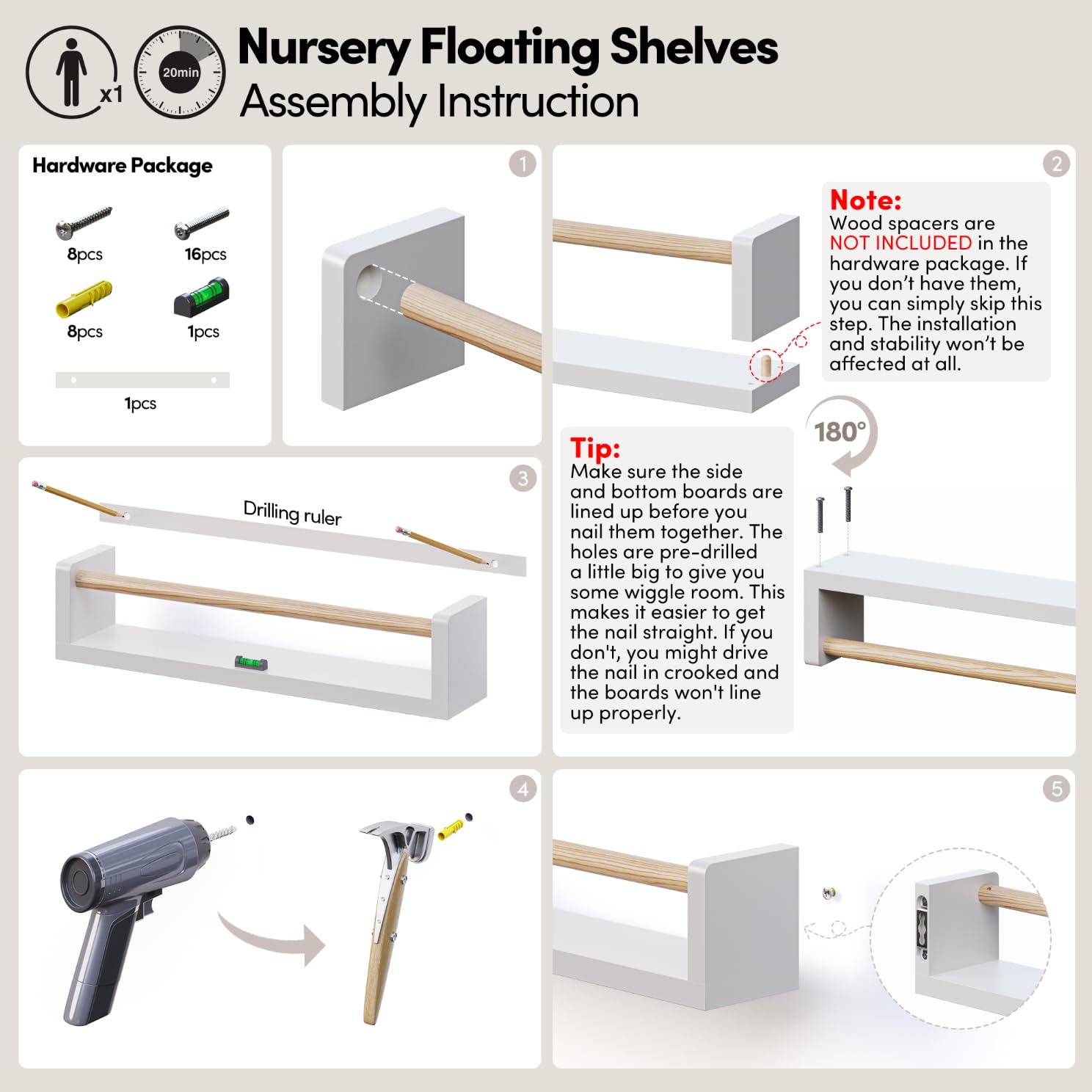Wall-Mounted Nursery Bookshelves 4-Pack