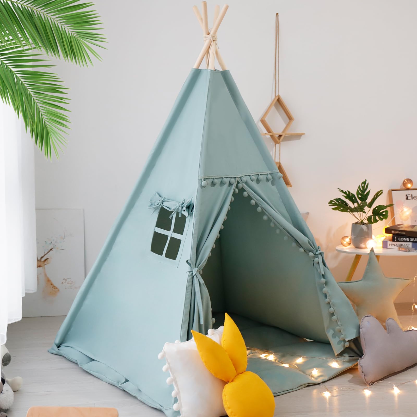 Kids Cotton Canvas Teepee Tent with Mat and Star Lights