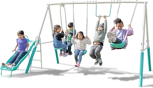 Arcadia Swing Set - Outdoor Heavy-Duty Metal Playset for Kids with Slide