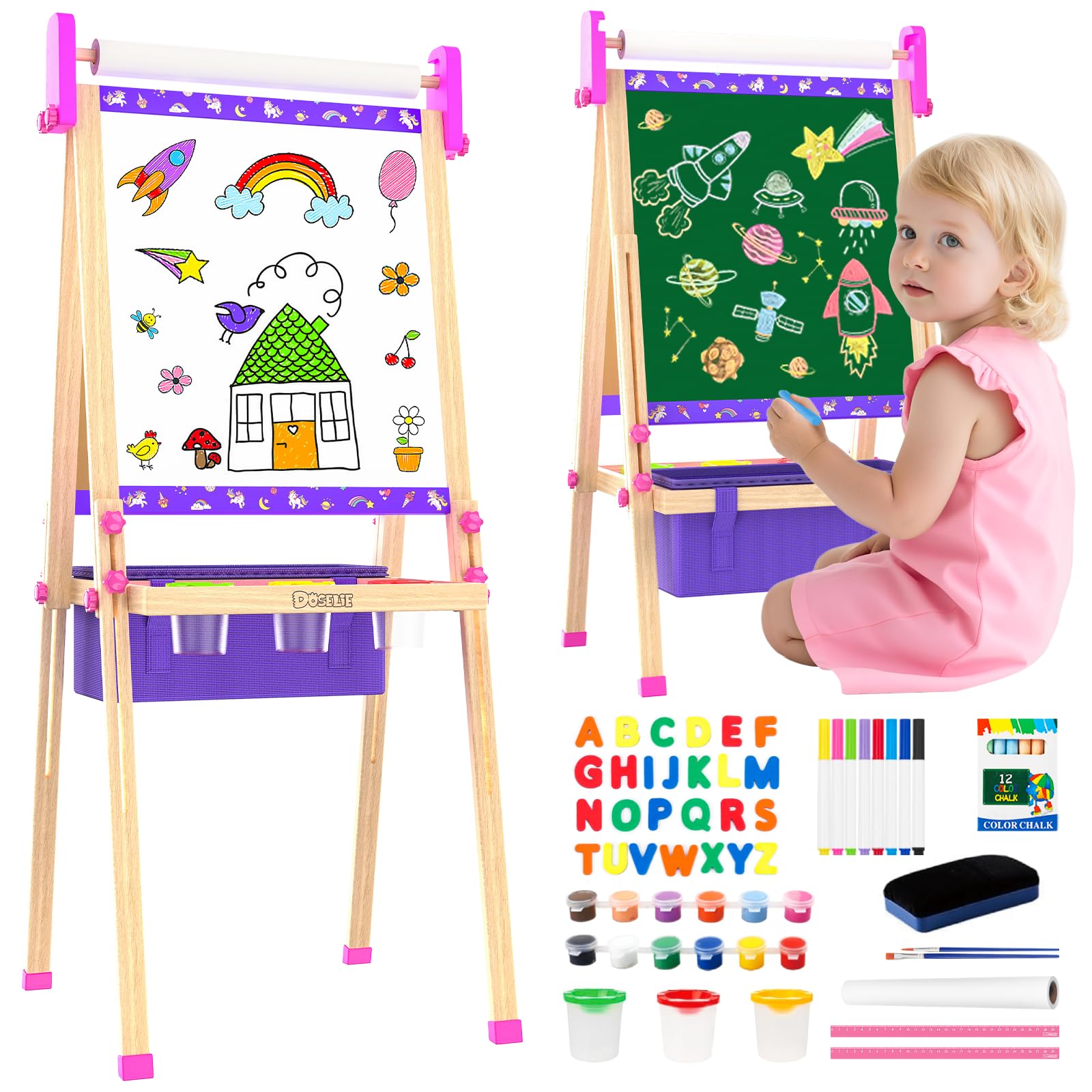 Art Easel for Kids 4-8,Kids Easel with Paper Roll and Art Supplies,Toddler Toys Ages for 5-7,Toddler Drawing Board Learning Eductional Toys for 4 5 6 7 8 Year Old Boy Girls Birthdays Gifts