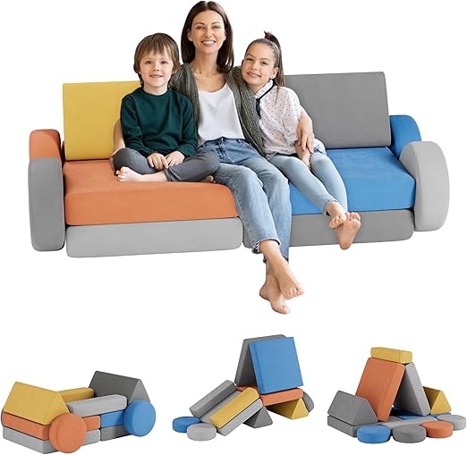 12PCS Modular Kids Play Couch, Velvet Convertible Toddler Sofa