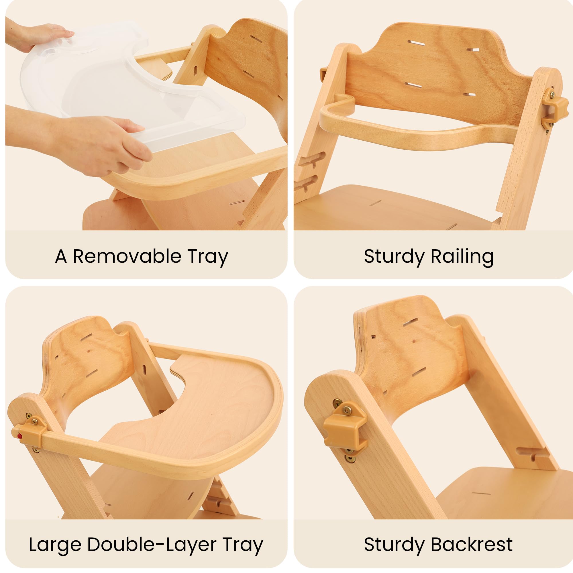 Adjustable Wooden High Chair with Removable Tray and Safety Harness