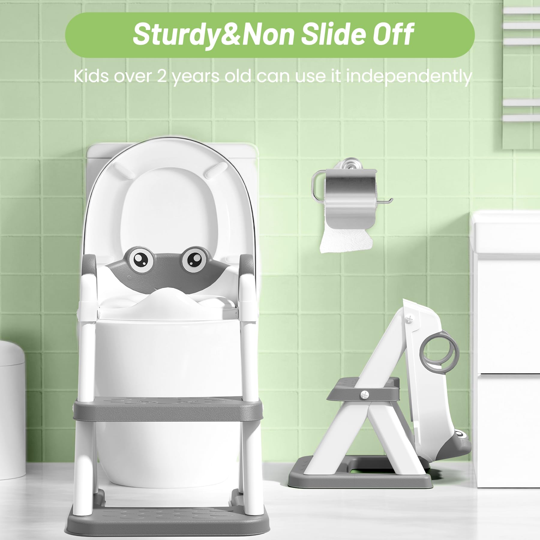 Rabb 1st Frog Potty Training Seat, Upgrade Toddler Toilet Seat for Kids Boys Girls, 2 in 1 Potty Training Toilet for Kids, Splash Guard Anti-Slip Pad Step Stool