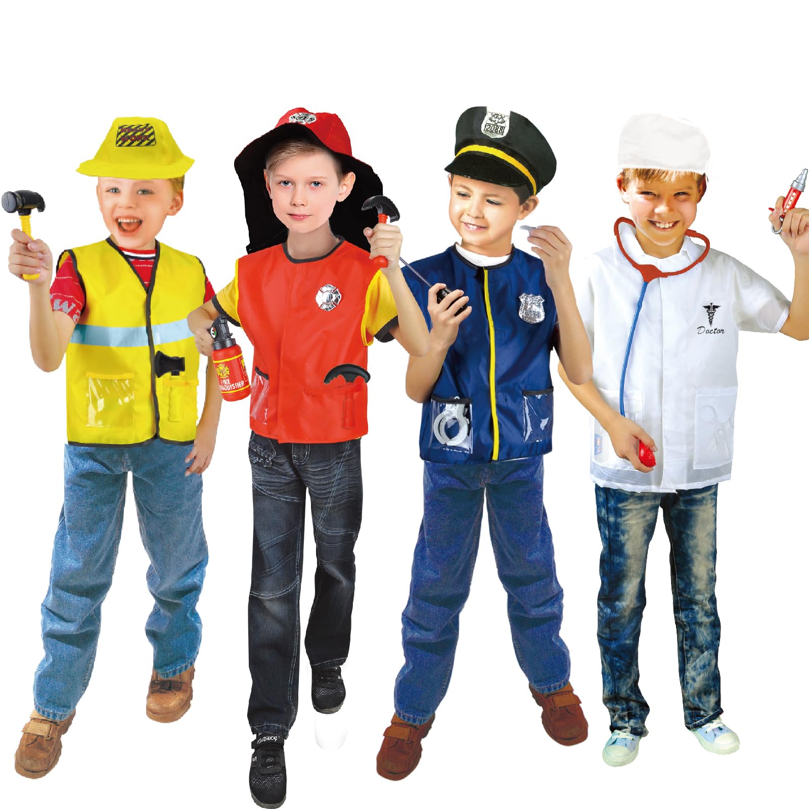 4 Sets Dress Up Clothes for Kids, Pretend Dress Up Trunk of Firefighter