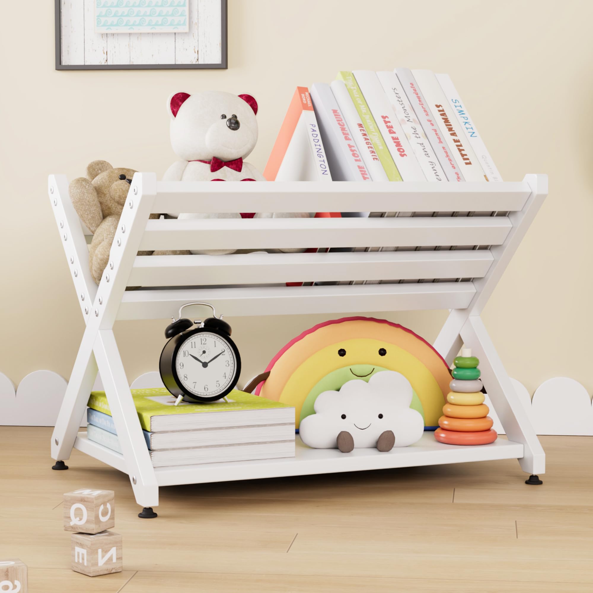 Montessori Tilted Kids Bookshelf, Toddler Bookcase X-Shape Display Shelf for Playroom