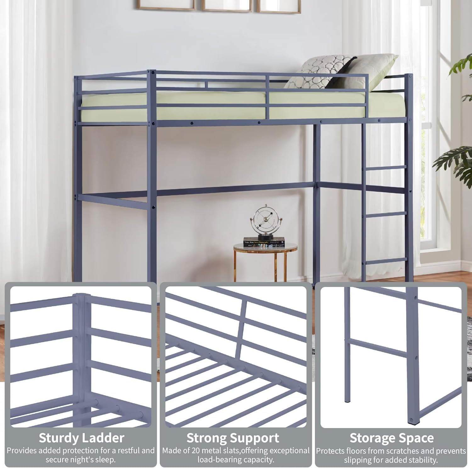Full Size Metal Loft Bed with Ladder and Safety Rails