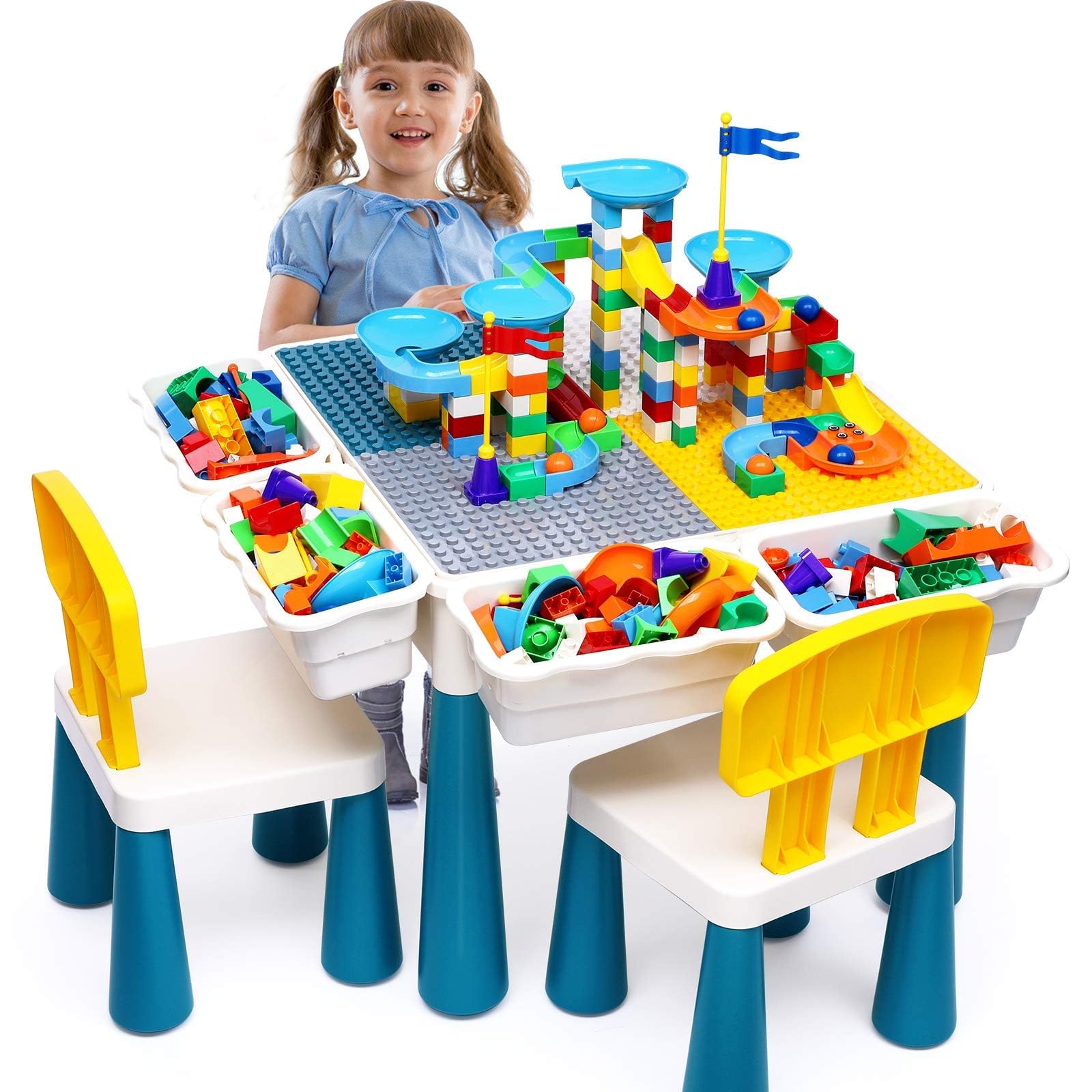 Kids Activity Table with Building Blocks and Chairs Set