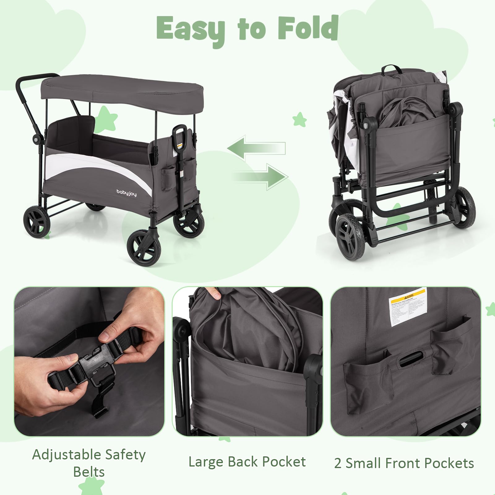 Collapsible Wagon Stroller for 2 Kids with Adjustable Canopy