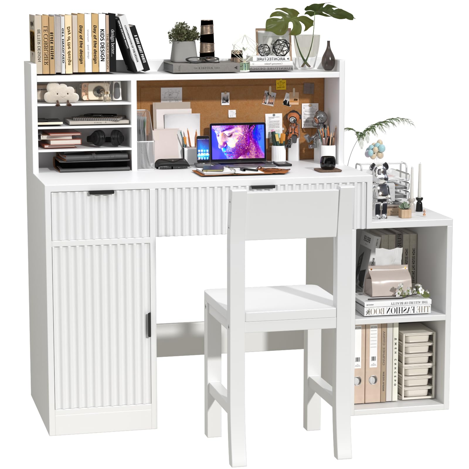 White Wooden Kids Fluted Desk and Chair Set,Kids Study Table and Chair Set