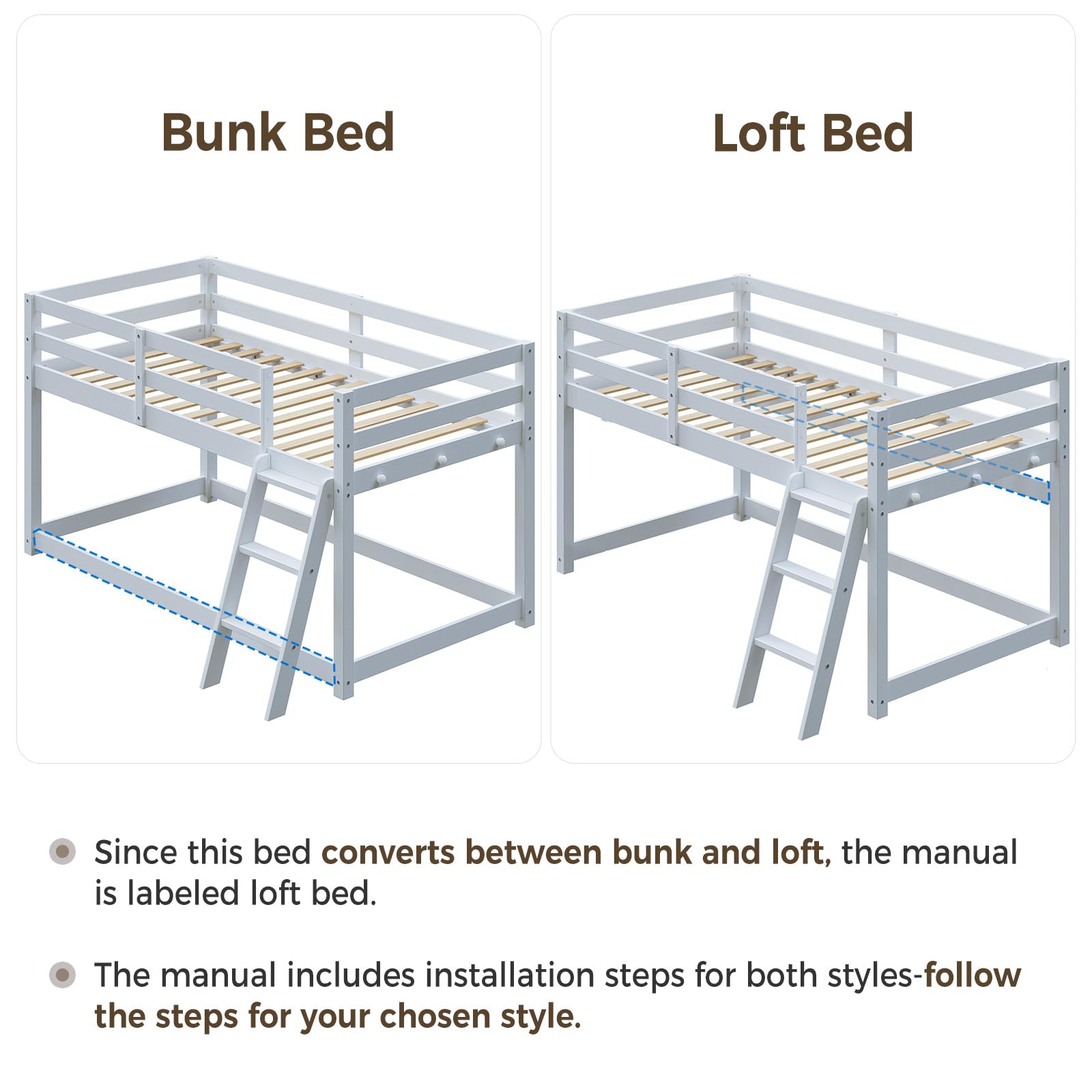 Twin Over Twin Low Bunk Bed with LED Light and Wide Stairs