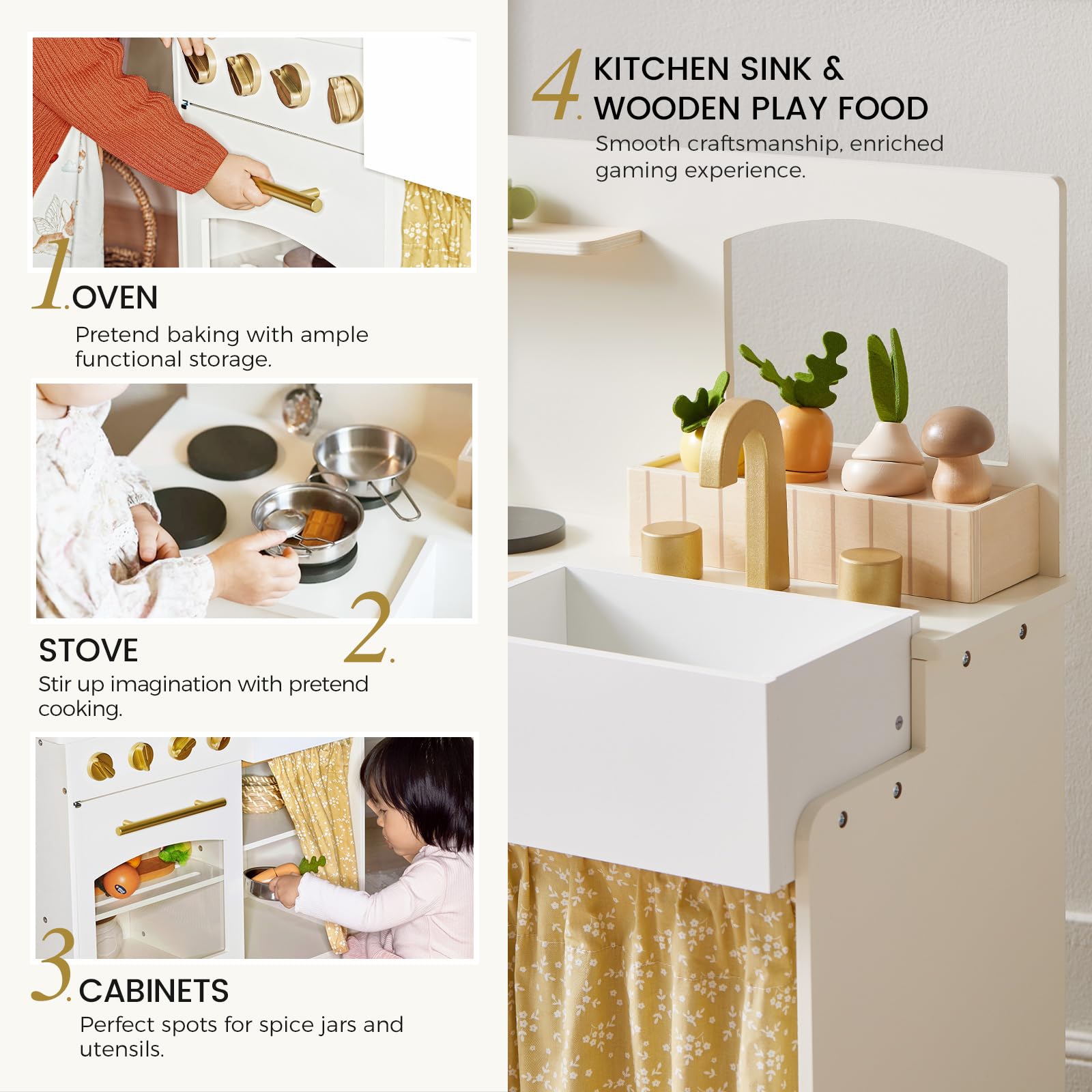 Wooden Play Kitchen for Toddlers with Cutting Food and Cookware