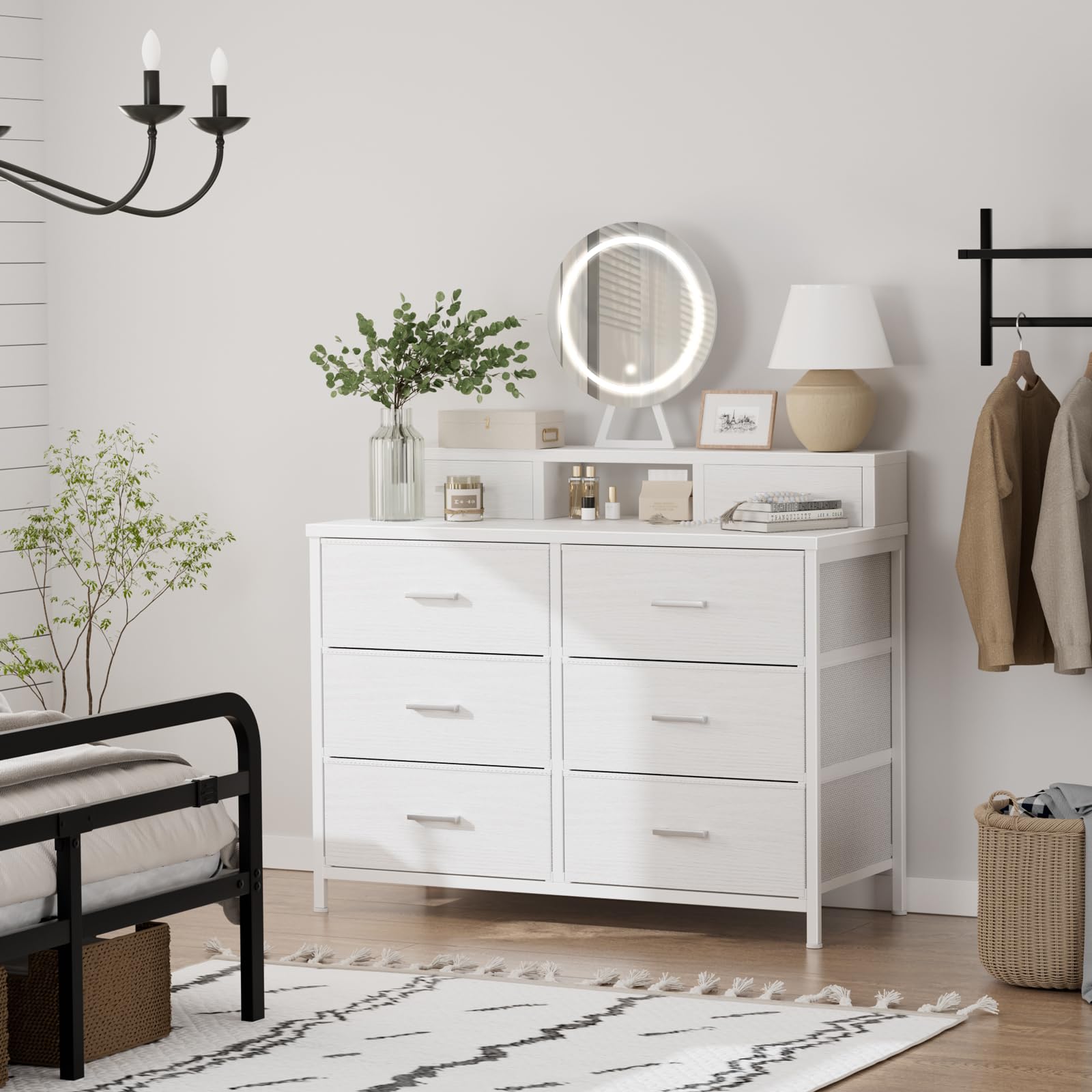 6 Drawer Fabric Dresser with Lighted Mirror and Charging Station