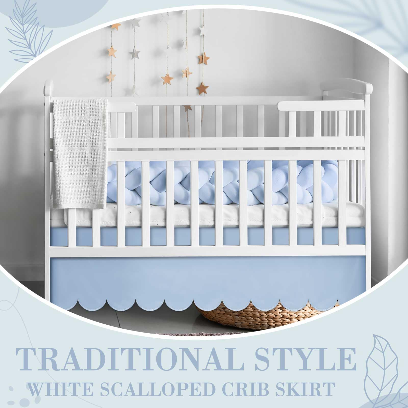 Hahafelt Scalloped Crib Skirt 28"x 52" with Drop Pleated Dust Ruffle with Split Corners for Baby Boys Girls Soft 4-Sided Crib Bed Skirt Nursery Standard Toddler Bedding(14" Drop,Blue)