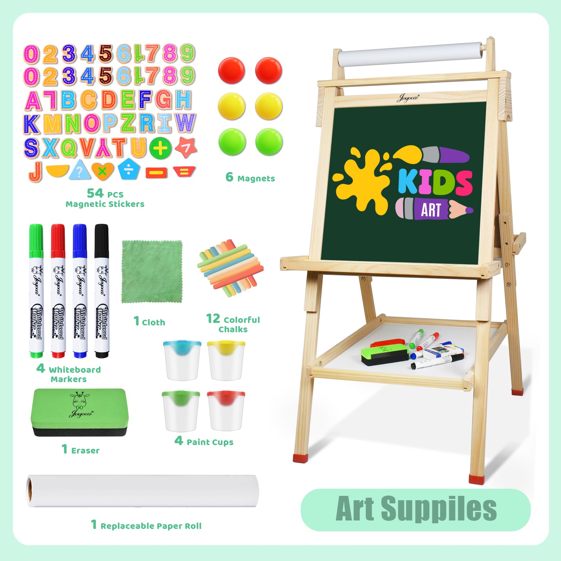 Joyooss Art Easel for Kids with Double-Sided Magnetic, Wooden Standing Kids Easel with Dry Erase Whiteboard & Chalkboard, Height Adjustable Children Easel with Paper Roll, Bonus Toddler Art Supplies