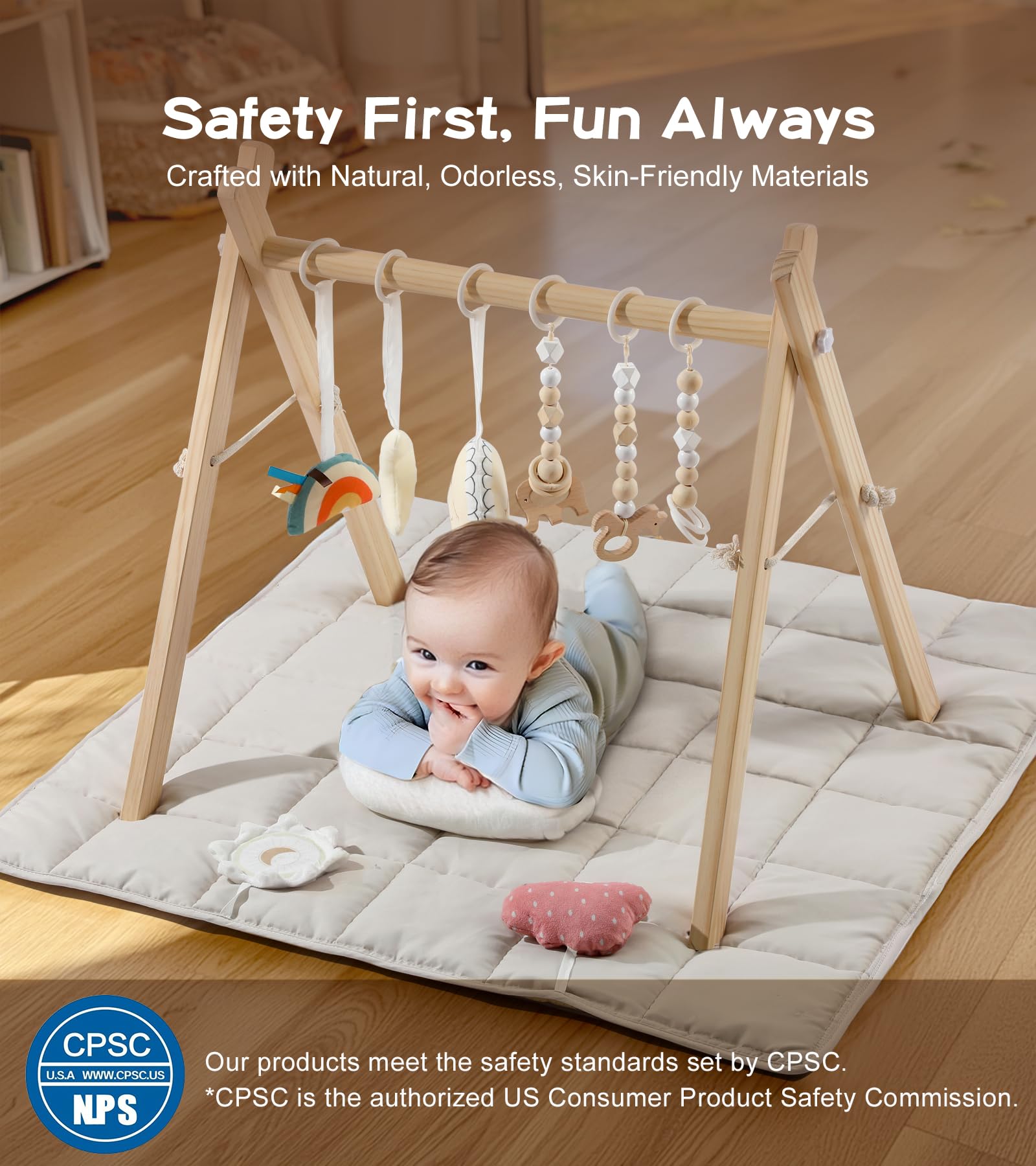 Wooden Play Gym with 9 Sensory Toys, Foldable Baby Play GymFrame