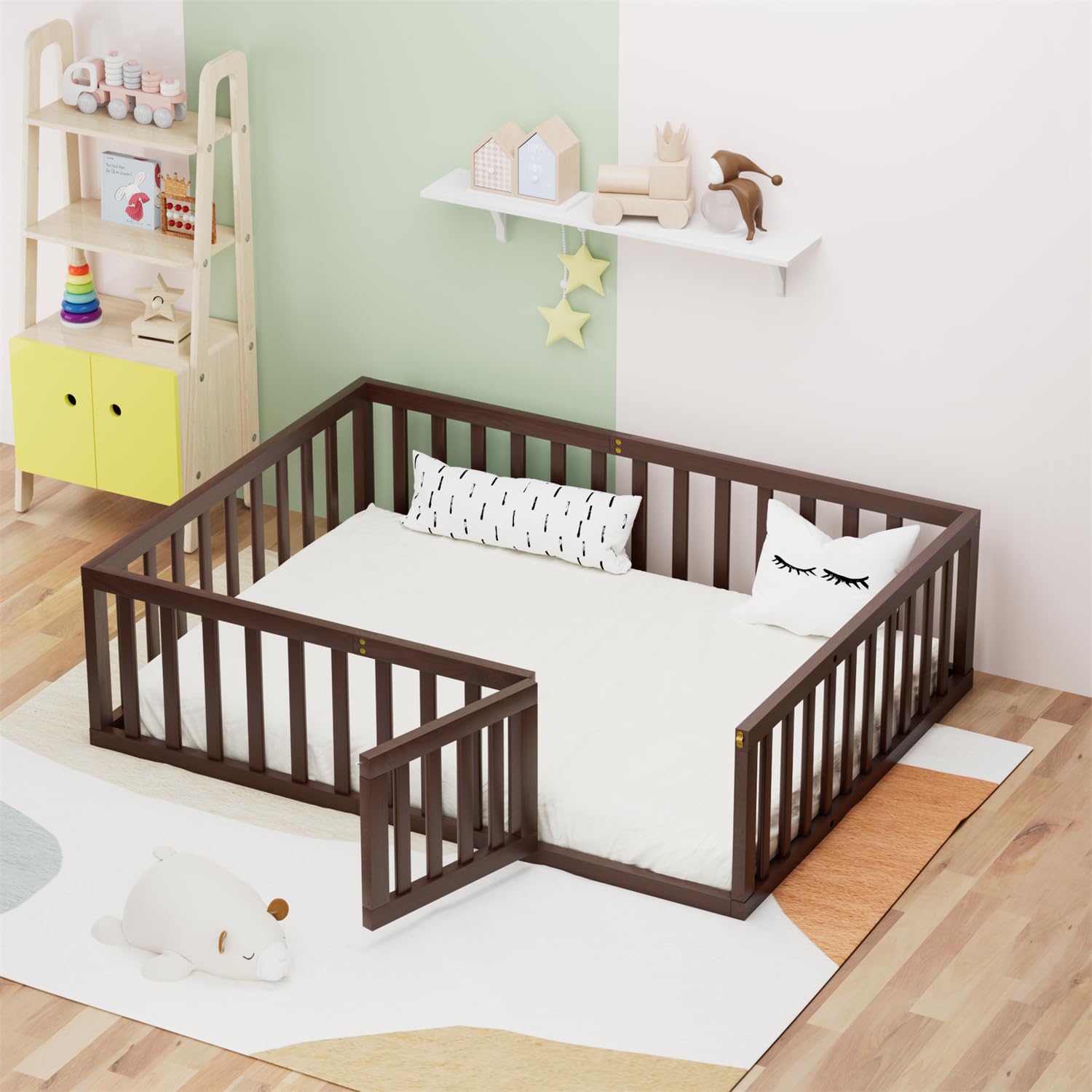 Full Floor Bed for Kids with Door and Safety Guardrails